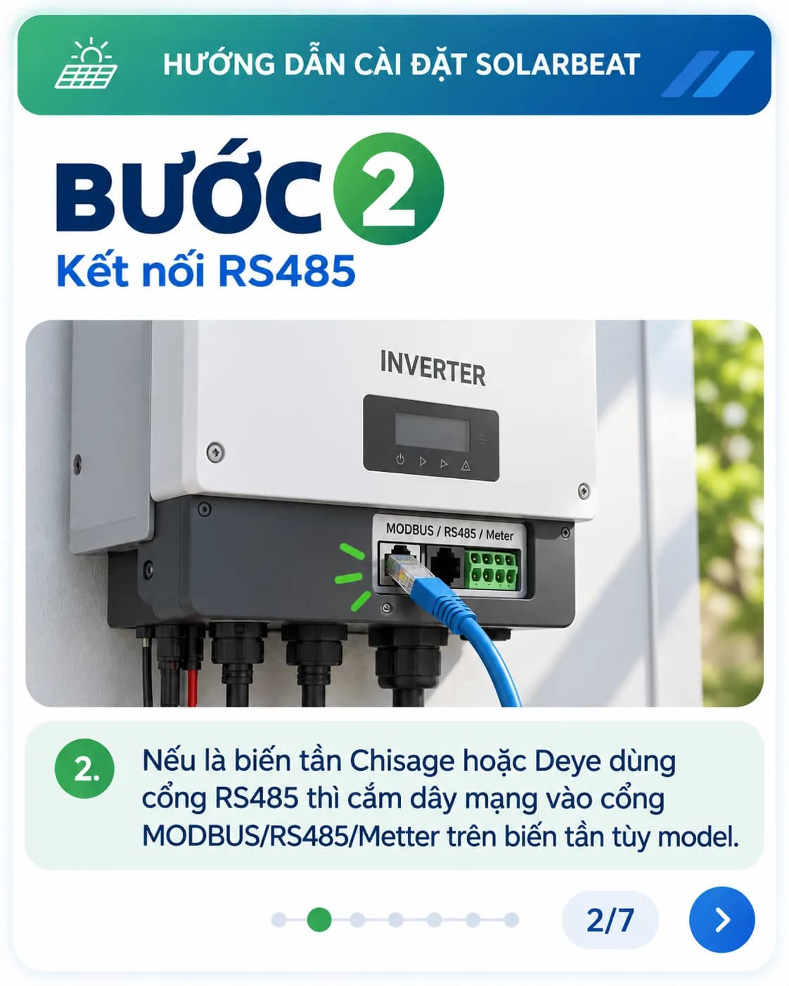 Dây mạng nối vào cổng MODBUS / RS485 / Meter của biến tần.